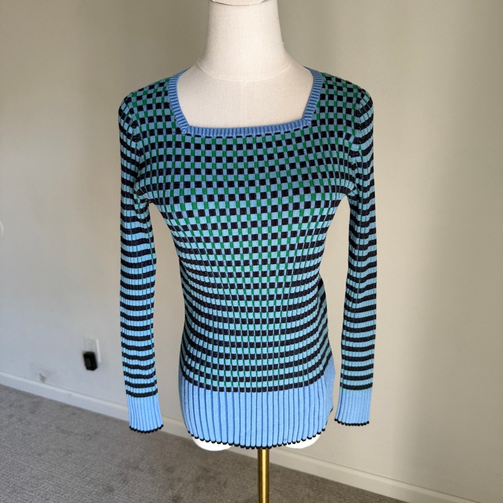 Talbots Ribbed Square Neck Sweater Blue Black‎ Green Checkered Top Medium Petite